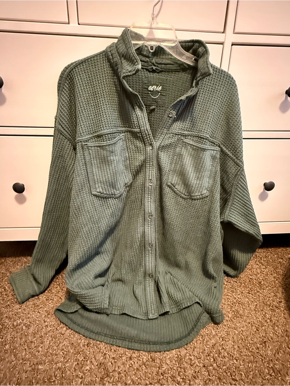 Aerie Olive Waffle Knit Button-Up Shirt
